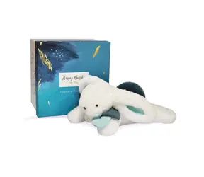 Doudou Geschenkset - Plüschhase mit dunkelblauem Bommel 25 cm / ab 0 Jahren
