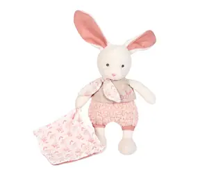 Doudou-Geschenkset - Ecru-Plüschkaninchen mit rosa Bezug aus Bio-Baumwolle 22 cm / ab 0 Jahren