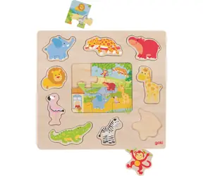 GOKI Holz-Stapelspielzeug + Puzzle Tiere aus dem ZOO / ab 2 Jahren