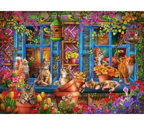 BlueBird Puzzle Fensterbank mit Katzen / 300 Teile / ab 9 Jahren