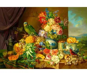 ENJOY Puzzle Josef Schuster: Stillleben mit Blumen, Früchten und einem Papagei / 1000 Teile / ab 14 Jahren