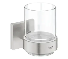 Grohe QuickFix Start Cube - Zahnbürsten- und Zahnpastaglas mit Halter aus Glas/Superstahl 