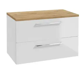 Kielle Vega - Waschtischunterschrank inklusive Waschtischplatte 80 x 50 x 46 cm | Hochglanzweiß/Goldeneiche