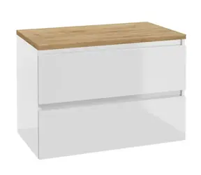 kielle Nefia - Waschtischunterschrank inklusive Waschtischplatte 80x55x46 cm | Hochglanzweiß/Goldeneiche