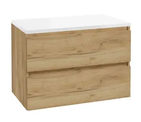 kielle Nefia - Waschtischunterschrank inklusive Waschtischplatte 80x55x46 cm | Goldene Eiche/Hochglanzweiß
