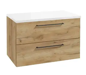 Kielle Vega - Waschtischunterschrank inklusive Waschtischplatte 80 x 50 x 46 cm | Goldene Eiche/Hochglanzweiß