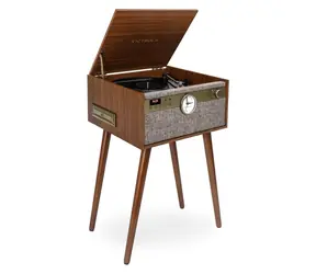 Victrola VTA-835SB-WLN-INT Century braun / Plattenspieler mit Beinen und Uhr / 3 Geschwindigkeiten / BT / RCA / 3,5mm Klinke 