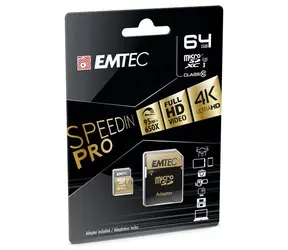 EMTEC SpeedIN Micro-SDXC-Karte 64 GB + SD-Adapter / UHS-I / U3 / Klasse 10 / Lesen: 95 MB/Schreiben: 90 MB/geeignet für 4K