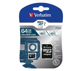 Verbatim MicroSDXC 64GB Speicherkarte Pro U3 mit SD-Adapter / UHS-III / U3 / V30 / R: 90 MB/s / Schreiben: 45 MB/s 