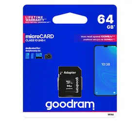 Goodram microSDXC 64 GB + Adapter / Klasse 10 / UHS-I U1 / R: 100 MB/s / W: 10 MB