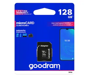 Goodram microSDXC 128 GB + Adapter / Klasse 10 / UHS-I U1 / R: 100 MB/s / W: 10 MB