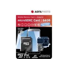 AGFAPHOTO MicroSDXC 64 GB + Adapter (10582A1) / R: 100 MB/s / W: 50 MB/s / Klasse V30 