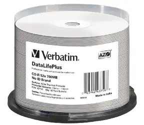 Verbatim CD- R DataLifePlus / 700 MB / 52x / Wide Thermal Printable / No-ID / 50 Stück Kuchen
