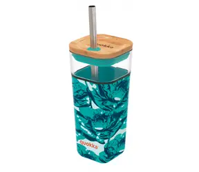 Quokka Liquid Cube 540 ml Wasserblumen / Glas mit Deckel / Brosilikatglas