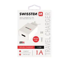Swissten SMART IC Netzwerkadapter 1x USB 1A POWER + Datenkabel USB - microUSB 1,2m weiß