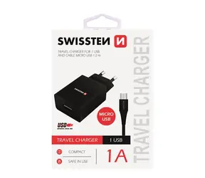 Swissten SMART IC Netzwerkadapter 1x USB 1A POWER + Datenkabel USB - microUSB 1,2m schwarz