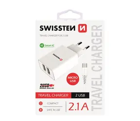 Swissten SMART IC Netzwerkadapter 2x USB 2.1A POWER + Datenkabel USB - microUSB 1,2m weiß