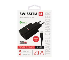 Swissten SMART IC Netzwerkadapter 2x USB 2.1A POWER + Datenkabel USB - microUSB 1,2m schwarz
