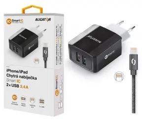 Aligator Smart Netzwerkladegerät 3,4A Kabel für Apple iPhone & iPad 2A schwarz/ 2xUSB / SMART IC