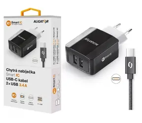 Aligator Smart Netzwerk-Ladegerät 3,4 A USB-C-Kabel schwarz/ 2xUSB / SMART IC