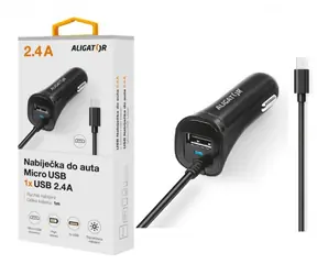 Aligator Autoladegerät mit MicroUSB und USB-Ausgang 2,4 A (CHA0027) schwarz / Turboladung