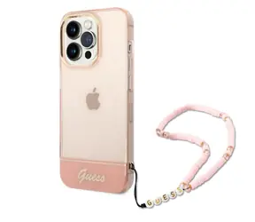 Guess PC & TPU Camera Outline Translucent Back Cover mit Riemen für Apple iPhone 14 Pro Max Pink