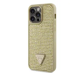 Guess Rhinestones Triangle Metal Logo Cover für Apple iPhone 14 Pro Max Gold