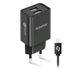 Aligator Smart Netzladegerät 2,4A microUSB schwarz / 2xUSB / SMART IC / microUSB Kabel / Restposten
