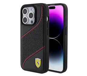 Ferrari PU-Leder-Rückseite mit perforiertem, schrägem Linienmuster für Apple iPhone 15 Pro, Schwarz