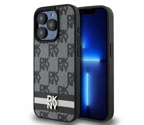 DKNY PU-Leder-Rückseite mit Karomuster und Streifen für Apple iPhone 14 Pro, Schwarz