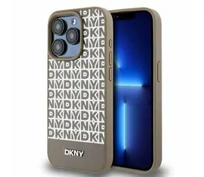 DKNY MagSafe-Rückseite aus PU-Leder mit wiederkehrendem Muster und Streifen auf der Unterseite für Apple iPhone 14 Pro, Braun