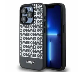 DKNY MagSafe-Rückseite aus PU-Leder mit wiederkehrendem Muster und Streifen auf der Unterseite für Apple iPhone 14 Pro, Schwarz