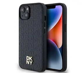 DKNY PU-Leder Repeat Pattern Stack Logo Magsafe Back Cover für Apple iPhone 15 Schwarz