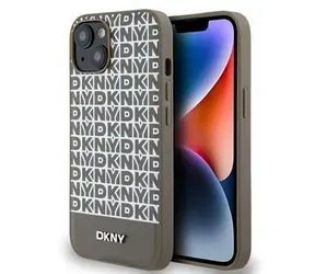 DKNY MagSafe-Rückseite aus PU-Leder mit wiederkehrendem Muster und Streifen auf der Unterseite für Apple iPhone 15, Braun