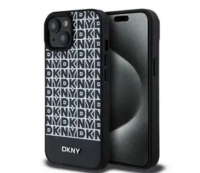 DKNY MagSafe-Rückseite aus PU-Leder mit wiederkehrendem Muster und Streifen auf der Unterseite für Apple iPhone 15, Schwarz
