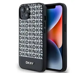 DKNY MagSafe-Rückseite aus PU-Leder mit wiederkehrendem Muster und Streifen auf der Unterseite für Apple iPhone 14, Schwarz
