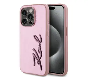 Karl Lagerfeld Wrinkled PU Signature Logo Back Cover für Apple iPhone 15 Pro Max Pink