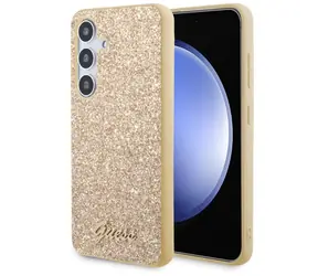 Guess PC/TPU Glitter Flakes Metal Logo Rückseite für Samsung Galaxy S24 Gold