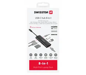 Swissten USB-C HUB 8-IN-1 / USB-C PD / USB-C 3.0 / 2x USB 3.0 / LAN / HDMI / SD / MicroSD / Aluminium
