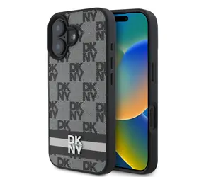 DKNY PU-Leder-Rückseite mit Karomuster und Streifen für Apple iPhone 16, Schwarz
