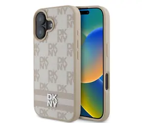 DKNY PU-Leder-Rückseite mit Karomuster und Streifen für Apple iPhone 16, Rosa
