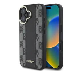 DKNY Magsafe-Rückseite aus PU-Leder mit Karomuster für Apple iPhone 16, Schwarz