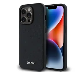 DKNY Magsafe-Rückseite aus PU-Leder mit silbernem Logo für Apple iPhone 14 Pro Max, Schwarz