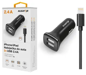 Aligator Autoladegerät für iPhone 5/6/7/8 mit 2xUSB-Ausgang 2/4A / Turboladung / schwarz