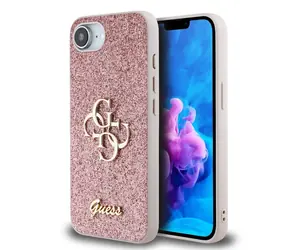 Guess PU FIXED Glitter 4G Metal Logo Backcover für iPhone 16e rosa
