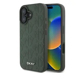 DKNY PU-Leder Gittermuster Magsafe Back Cover für iPhone 16 Grün