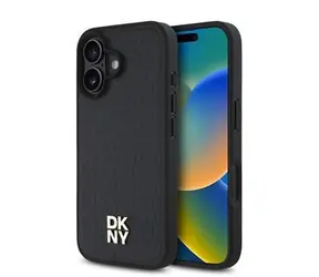 DKNY PU-Leder Repeat Pattern Stack Logo MagSafe Back Cover für iPhone 16 Schwarz