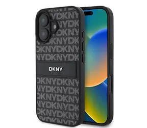 DKNY PU-Leder-Rückseite mit Wiederholungsmuster und farblich abgestimmten Streifen für iPhone 16, Schwarz