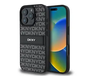 DKNY PU-Leder-Rückseite mit Wiederholungsmuster und farblich abgestimmten Streifen für iPhone 16 Pro, Schwarz