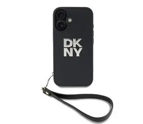 DKNY PU-Leder Stack Logo Handgelenksschlaufe Back Cover für iPhone 16 Schwarz